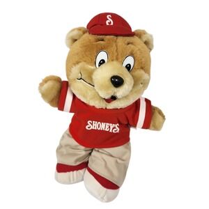 Shoneys Bear Plush Stuffed Animal Red Cap‎ Shirt Pants Mascot Toy